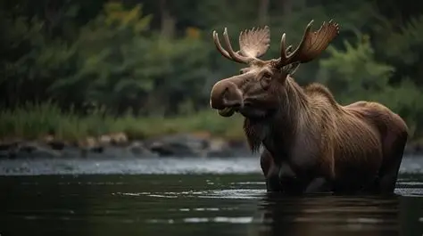 Registered Maine Guide standing by a moose in the forest